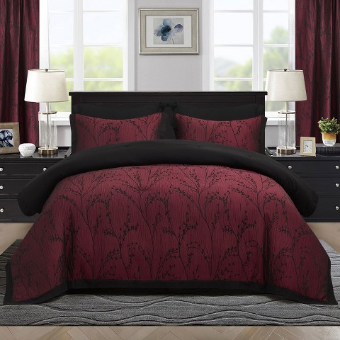 HIG 7-Piece Burgundy Jacquard Bed in a Bag, Queen Size Comforter Set with Floral Tree Branch Patchwork Design, Euro Shams & Window Panels