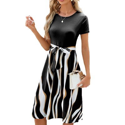 Womens Summer Midi Dress Short Sleeve Round Neck Fit and Flared Dress Belted Summer Dress with Irregular Stripes Summer Teacher Dress