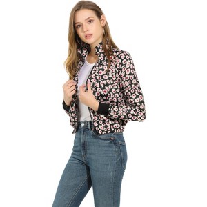 Allegra K Women's Stand Collar Elastic Hem Printed Bomber Jacket - 1 of 4