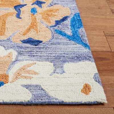 Ivory and Blue Floral Handmade Wool Tufted Rug, 4' x 6'