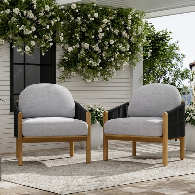 Set of 2 Outdoor Club Chairs, Modern Acacia Wood Patio Armchairs with Cushions and Woven Sides for Garden or Balcony – Cuddlewood
