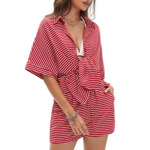 EXLURA Womens Summer 2 Piece Sets Casual Short Sleeve Striped Shirts Shorts Matching Sets Vacation Cruise Beach Outfits 2025 - 1 of 4