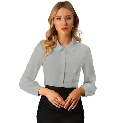 Allegra K Women's Work Peter Pan Collar Long Bishop Sleeve Button Down Shirt