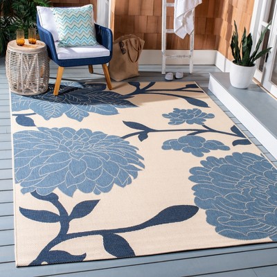 Beige and Blue Floral Rectangular Indoor/Outdoor Rug