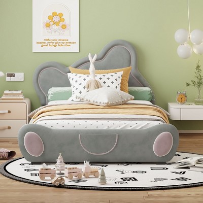 NicBex Velvet Upholstered Platform Bed Frame with Bear-Shaped Headboard and Bed-End Storage Pocket,Wood Slat Support,Easy Assembly,Beige/Gray