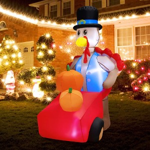 Costway 6 FT Thanksgiving Inflatable Turkey Pushing Pumpkin Cart Lighted Holiday Decor - 1 of 4