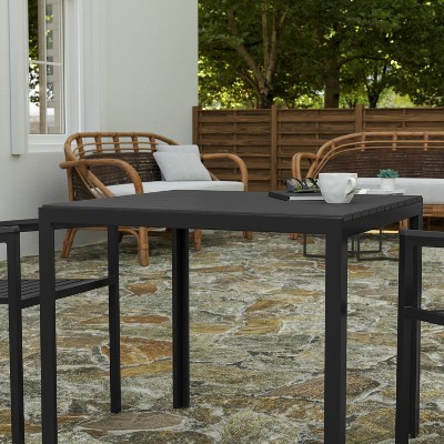 Black Steel Frame Square Patio Dining Table with Poly Resin Slatted Top