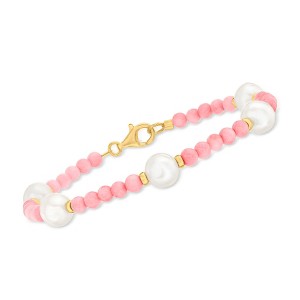 Ross-Simons 8.5-9mm Cultured Pearl and 4mm Pink Coral Bead Bracelet in 18kt Gold Over Sterling - 1 of 3