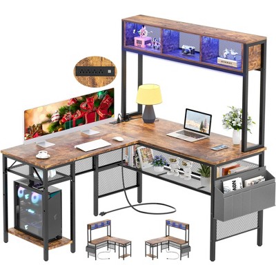 Aheaplus Corner L Desk with Hutch, Reversible Computer Table with LED Light and Charging Station