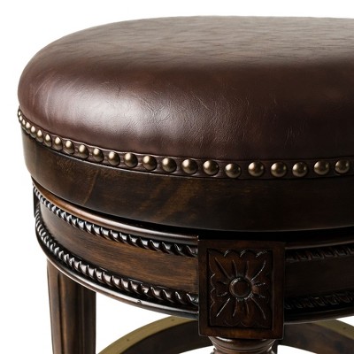 Dark Walnut Backless Swivel Bar Stool with Leather Seat
