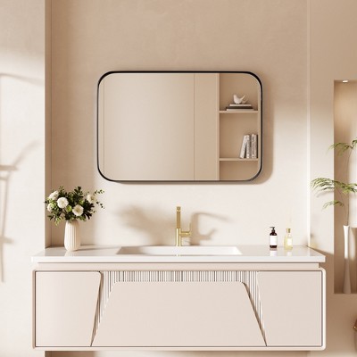 Tempered Glass Rounded Rectangle Framed Wall-Mounted Bathroom Vanity Mirror