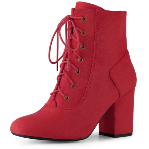 Perphy Women's Round Toe Chunky High Heel Lace Up Ankle Boots Red 6 ...