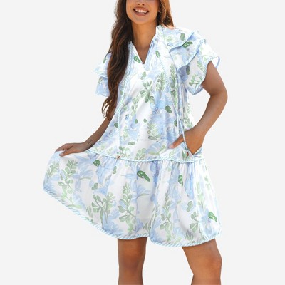 Amaryllis Women’s Floral Collared Babydoll Dress Puff Short Sleeves Flowy Silhouette Pockets Lightweight