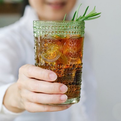 Green Hobnail Beaded Floral Vintage Drinking Glass Set (Set of 6)