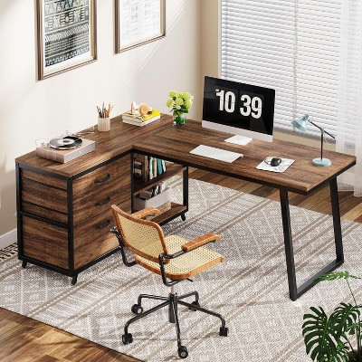 Okak Modern Home Office L-Shaped Computer Desk with Drawers & Shelves,Multifunctional Corner Writing Desk with for Study,Office,Studio