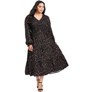 Avenue Women's Plus Size Indi Puff Sleeve Shirred Dress - 1 of 4
