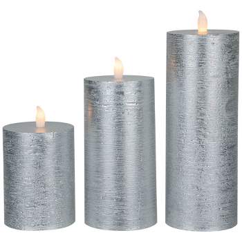 Northlight Set of 3 Flameless Brushed Silver Flickering LED Wax Pillar Candles 8"