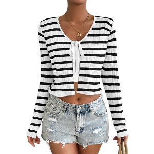 Clearlove Women's V-Neck Striped Tie Front Cardigan Lightweight Knit Cover Up Casual Loose Top - 1 of 2