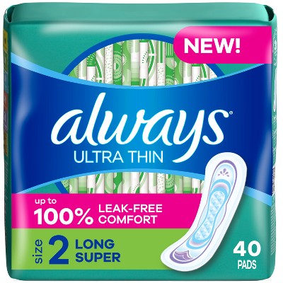 Always Ultra Thin Pads Size 2 Super Long Absorbency Unscented Without Wings - 40ct