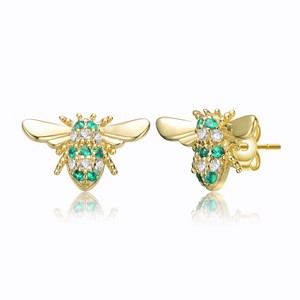 Guili Wasp Sterling Silver 14K Yellow Gold Plated with Emerald or Sapphire Cubic Zirconia Pave Stud Earrings for a Bold and Stylish Statement Look - 1 of 4