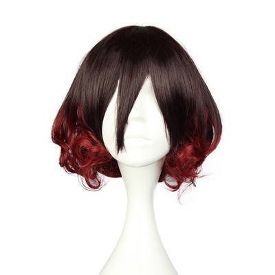 Unique Bargains Women's Curly Wigs 12" Brown Gradient Red with Wig Cap