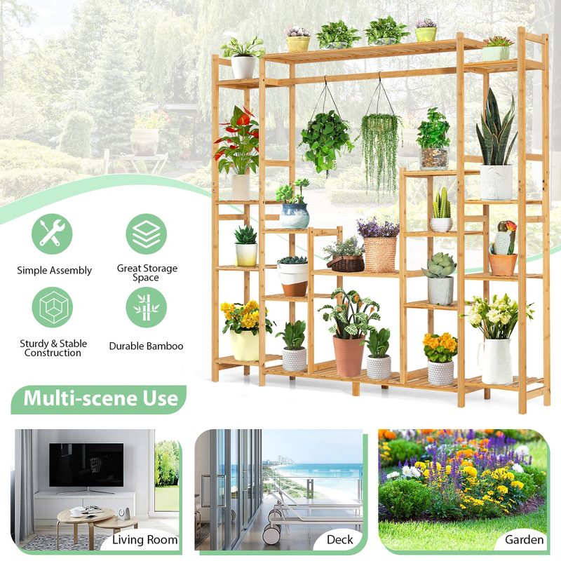 Costway 9-Tier Bamboo Plant Stand Potted Holder w/Hanging Rack Tall Display Shelf Unit, 5 of 11