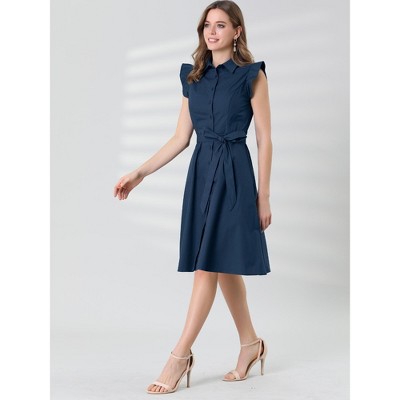 Женские платья INSPIRE CHIC Women's Cotton Ruffled Cap Sleeve Tie Waist Button Casual Office Shirt Dress X-Large Navy Blue — фото 4
