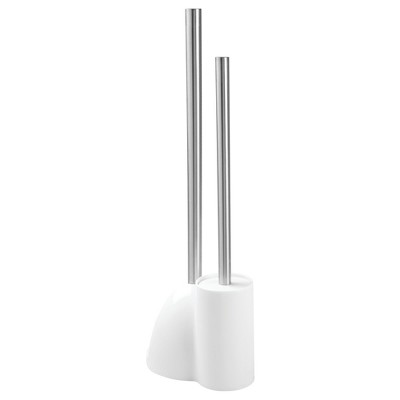 White Plastic Toilet Brush and Plunger Set with Stainless Steel Handles