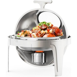 Roll Top Chafing Dish Buffet Set, 6.3 QT Round Stainless Steel Food Warmer with Glass Window Full Size Food Pan for Buffet Catering Parties Banquets - 1 of 4