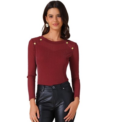 INSPIRE CHIC Women's Glitter Sheer Mesh Crew Neck Long Sleeve Button Decor Top