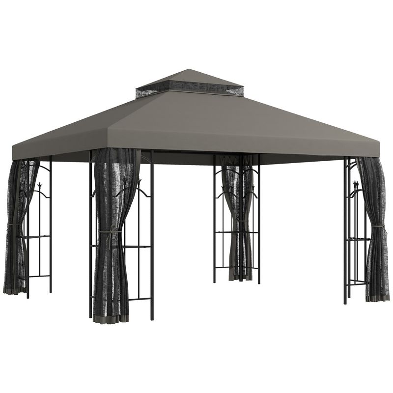 Outsunny 141.7" x 118.1" Steel Outdoor Patio Gazebo Canopy with Removable Mesh Curtains, Display Shelves, & Steel Frame, Gray, 1 of 7