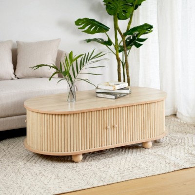 Elegant Long Oval Yellow MDF Storage Side Table with Retro Charm, Natural Wood Finish, Perfect for Living Room and Bedroom- Maison Boucle