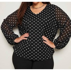 Women's Plus Size - Polka Dot Long Sleeve Blouse - PerSeption Concept - 1 of 2