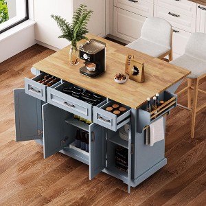JUJABU 54'' Large Kitchen Island with Rubber Wood Drop Leaf, Rolling Cart with Embossed Texture, 4 Wheels, 4 Doors & 3 Drawers - 1 of 4