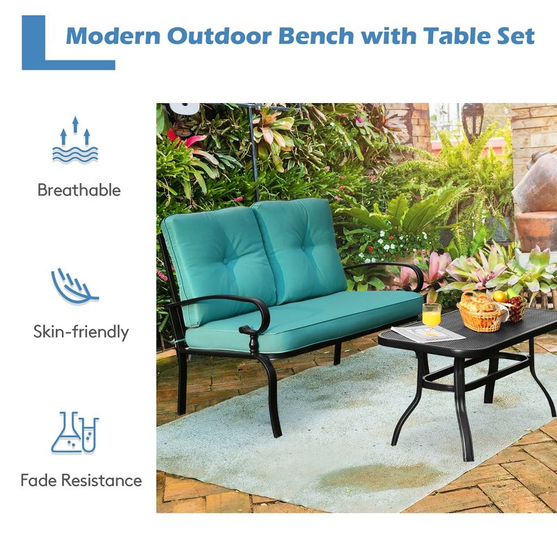 Costway 2PCS Patio Loveseat Bench Table Furniture Set Cushioned Chair, 5 of 11