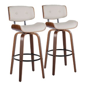 30" Mid-Century Modern Fixed-Height Swivel Barstool with Light Faux Leather and Natural Wood, Set of 2 - 1 of 4