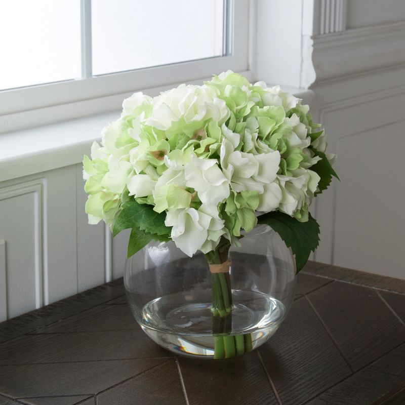 Nature Spring Hydrangea Floral Arrangement in Vase - 5-Count Artificial Flowers with Leaves in Faux Water-Filled Decorative Clear Glass Bowl, 3 of 6