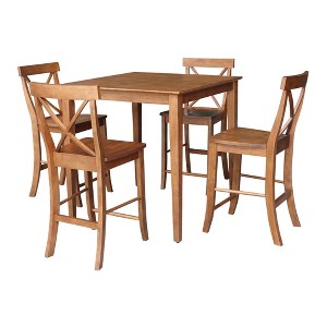 International Concepts 5pc 36"x36" Solid Wood Counter Height Dining Table Set with 4 X-Back Stools Distressed Oak: Rubberwood, Non-Extension - 1 of 4