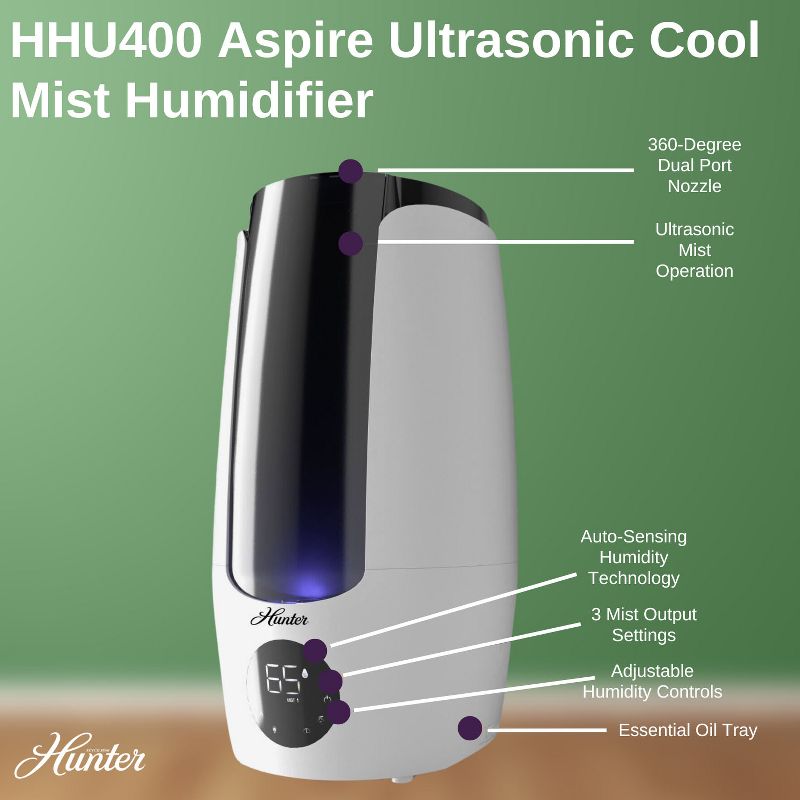 Hunter Fan Aspire Series Ultrasonic Humidifier (8.3L) - Vibration Technology Humidifier with Long Lasting Mist for Large Spaces, 5 of 17