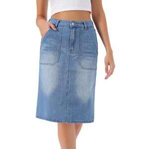 INSPIRE CHIC Women's Denim High Waist Back Slit Stretch Midi Skirts with Pockets - 1 of 4