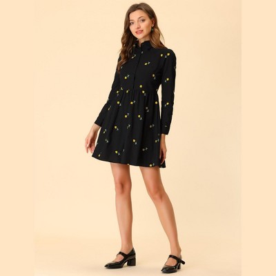Женские платья INSPIRE CHIC Women's Casual Long Sleeve Half Placket Embroidered Floral Mini Shirt Dress Large Black — фото 2