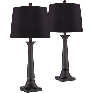 360 Lighting Dolbey 28" Tall Tapered Column Farmhouse Rustic Traditional Table Lamps Set of 2 Brown Bronze Finish Metal Black Shade Living Room - 1 of 4