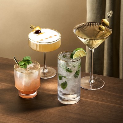 Gold Rimmed Clear Rippled Highball Glasses Set of 2, 15oz