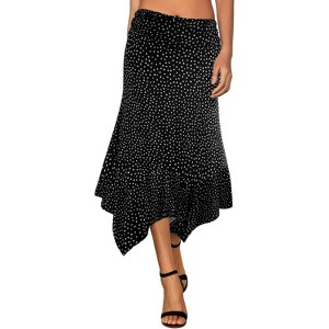 Women's Flowy Handkerchief Hem Midi Skirt - Asymmetric Boho Chic A-Line Skirt Black Polka Dots - 1 of 4