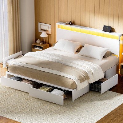 WOWLIVE Queen/Full/King Size Bed Frame with 4 Drawers, Modern bed with LED Light and Charging Station, Storage Headboard, HB00