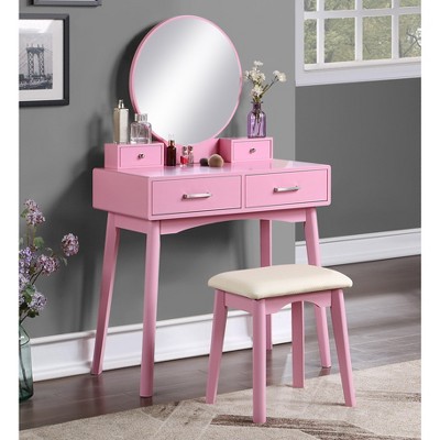 Roundhill Furniture Liannon Contemporary Wood Vanity and Stool Set, Pink