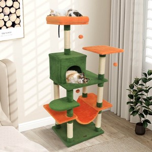 Costway 58” Tall Multi-level Cat Tree with Upholstered Perch & Cat Condo, Comfy Hammock Beige/Green+Orange/Light Gray/Dark Gray/Pink - 1 of 4