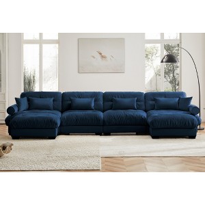 Aukfa Blue Velvet Large  Sofa with Bolster Armrests, Waist & Throw Pillows – Modern Couch for Living Room, Bedroom or Office - 1 of 4