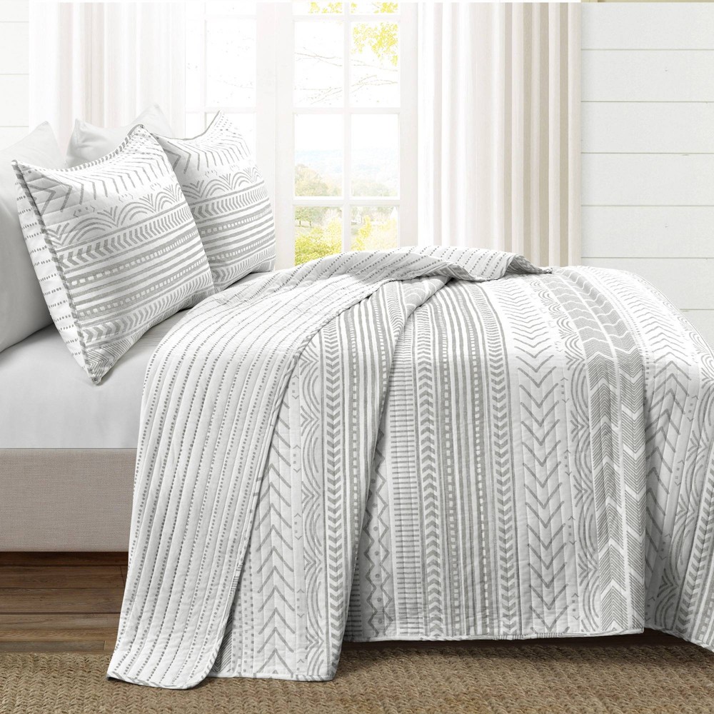 Photos - Duvet Lush Décor 3pc King Hygge Geo Reversible Cotton Quilt & Sham Set Gray