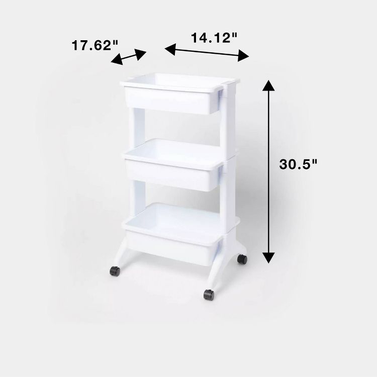White 3-tier utility cart with wheels, featuring dimensions of 17.62 inches in width, 14.12 inches in depth, and 30.5 inches in height.